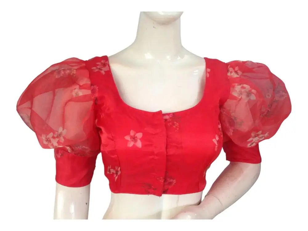 Red Color Designer Organza Balloon Sleeves Readymade Saree Blouse - D3blouses