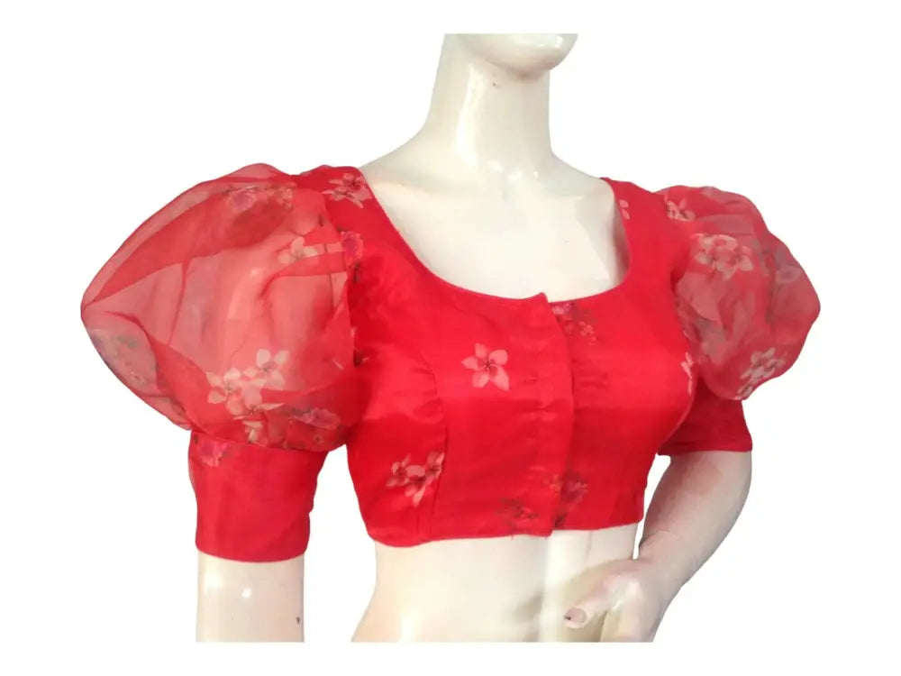 Red Color Designer Organza Balloon Sleeves Readymade Saree Blouse - D3blouses