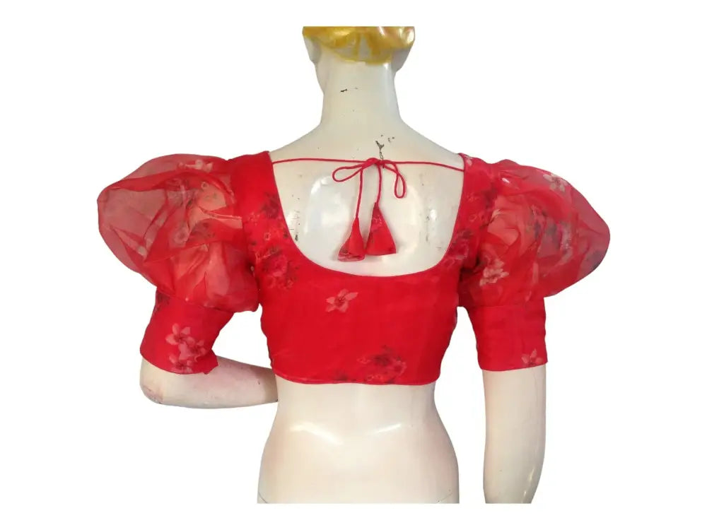 Red Color Designer Organza Balloon Sleeves Readymade Saree Blouse - D3blouses