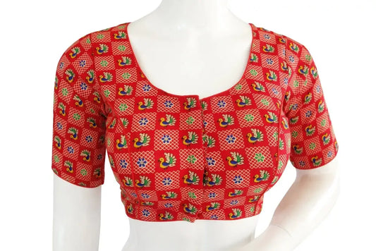 Red Color Exclusive Cotton Printed Readymade saree blouse , Indian silk saree Readymade blouse, Silk crop top - D3blouses