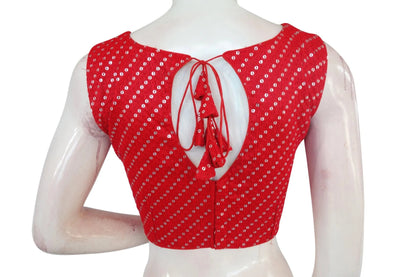 Red Color Georgette Sequin Boat neck Designer Readymade Blouse with Saree Belt - D3blouses