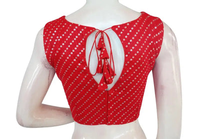 Red Color Georgette Sequin Boat neck Designer Readymade Blouse with Saree Belt - D3blouses
