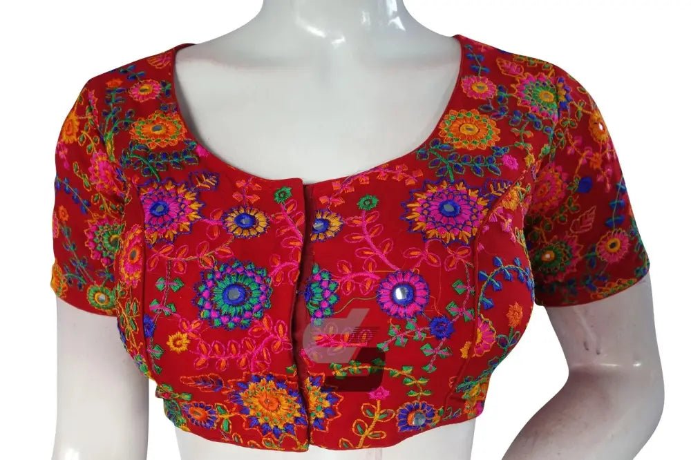 Red Color Multi Thread Embroidery Readymade Blouse - D3blouses