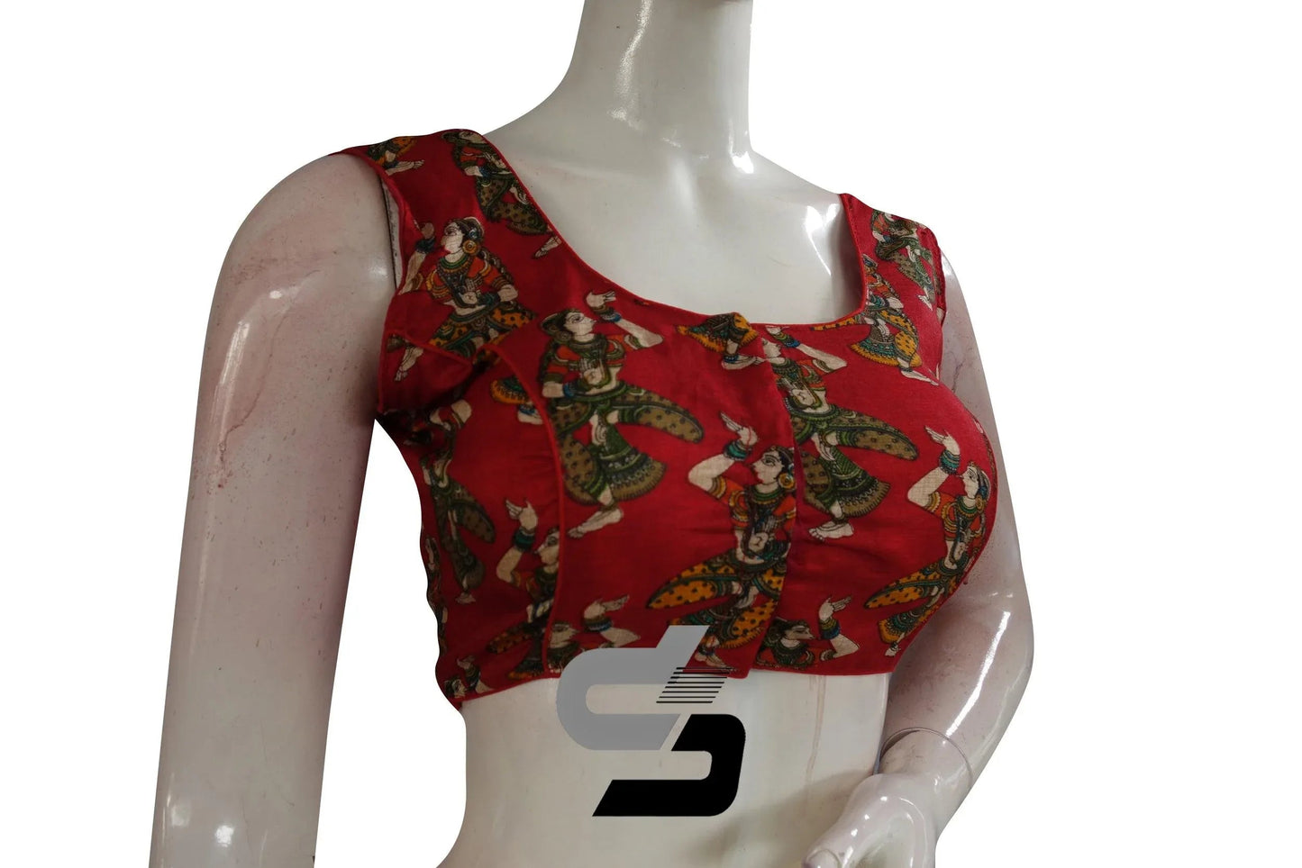 Red Color Printed silk Sleeveless Readymade saree blouse - D3blouses