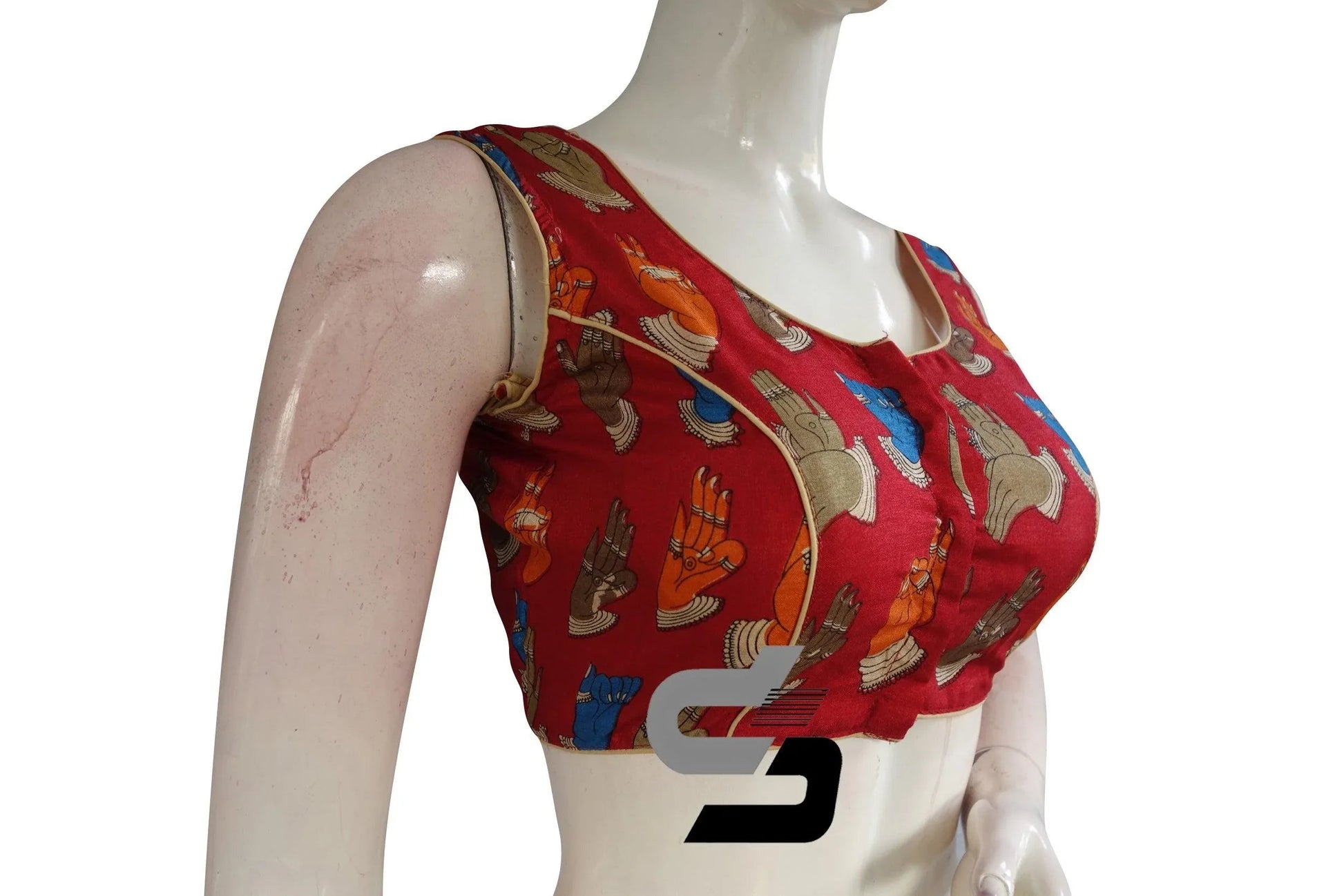 Red Color Printed silk Sleeveless Readymade saree blouse - D3blouses