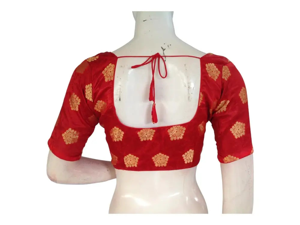 Red Color Readymade Saree Blouse, Indian Brocade Silk Saree Blouse - D3blouses