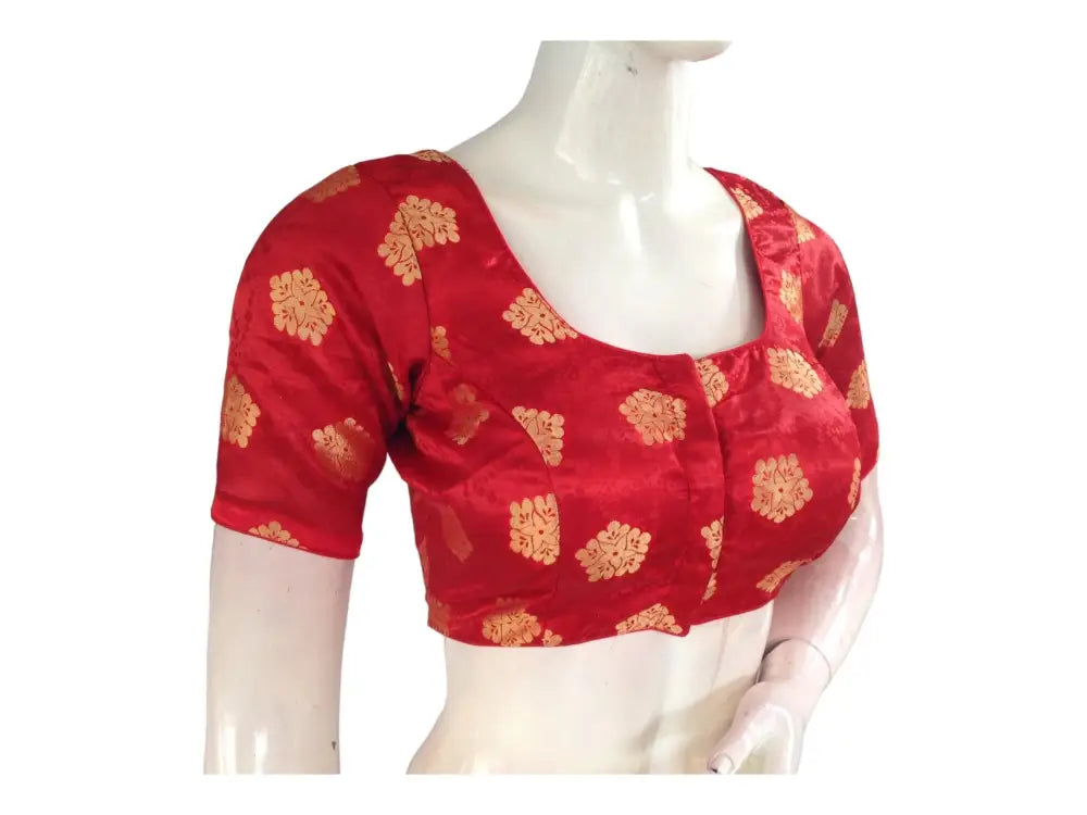 Red Color Readymade Saree Blouse, Indian Brocade Silk Saree Blouse - D3blouses