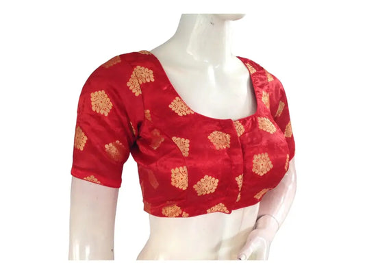 Red Color Readymade Saree Blouse, Indian Brocade Silk Saree Blouse - D3blouses