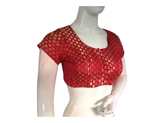 Red Color Readymade Saree Blouse With Border Sleeves, Indian Banaras Brocade Blouse - D3blouses