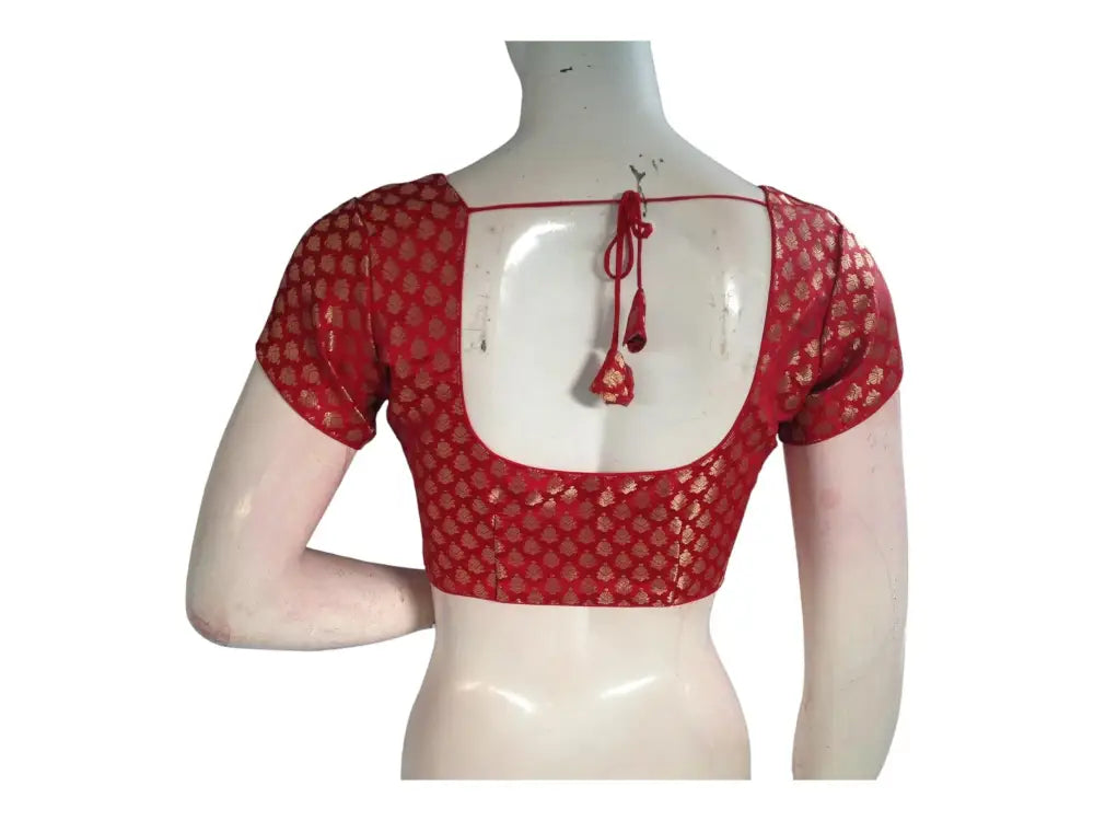 Red Color Readymade Saree Blouse With Border Sleeves, Indian Banaras Brocade Blouse - D3blouses