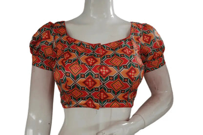 Red Color Satin Printed Designer Readymade Blouse With Puff Sleeves - D3blouses