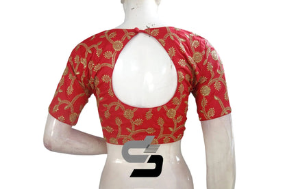 Red Color Semi Silk Designer Embroidery Readymade Saree Blouse and Crop top - D3blouses