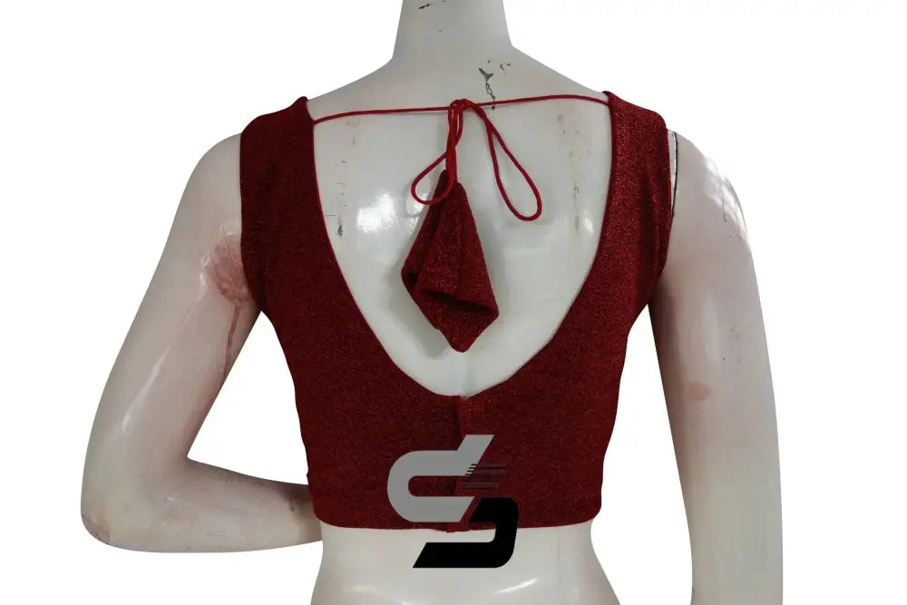 Red Color Sleeveless Knit Designer Readymade Saree Blouse With V-Neck - D3blouses