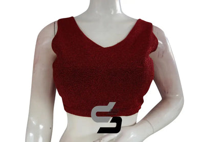 Red Color Sleeveless Knit Designer Readymade Saree Blouse With V-Neck - D3blouses