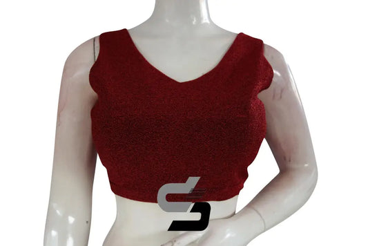 Red Color Sleeveless Knit Designer Readymade Saree Blouse With V-Neck - D3blouses