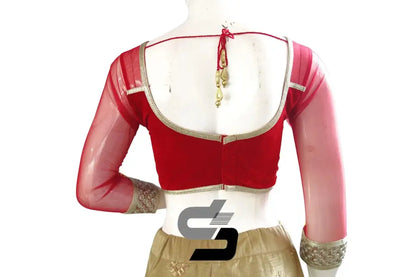 Red Color Velvet 3/4th Designer Party Wear Readymade Blouse/ Indian Crop Tops - D3blouses
