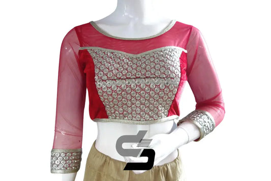 Red Color Velvet 3/4th Designer Party Wear Readymade Blouse/ Indian Crop Tops - D3blouses