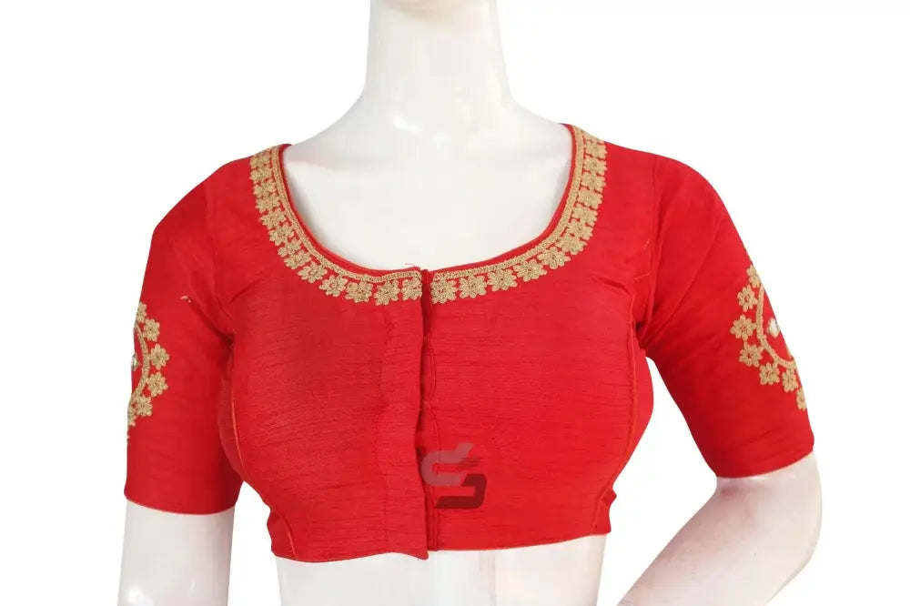 Red Embroidered High Neck Saree Blouse - Designer Elegance - D3blouses