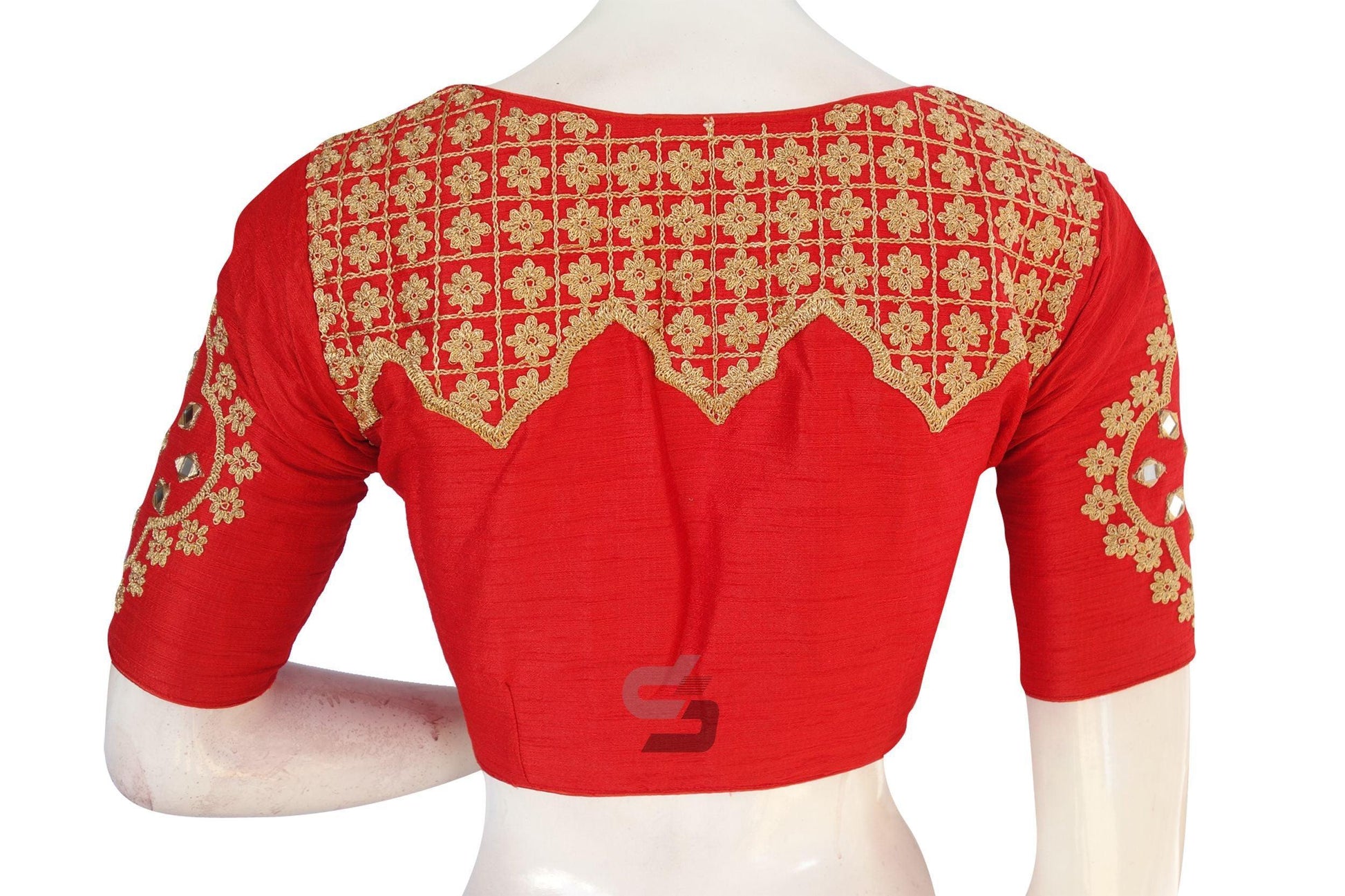Red Embroidered High Neck Saree Blouse - Designer Elegance - D3blouses