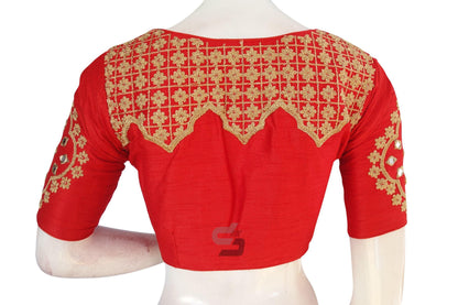 Red Embroidered High Neck Saree Blouse - Designer Elegance - D3blouses
