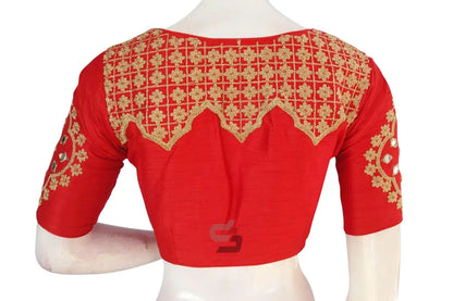 Red Embroidered High Neck Saree Blouse - Designer Elegance - D3blouses