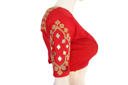 Red Embroidered High Neck Saree Blouse - Designer Elegance - D3blouses