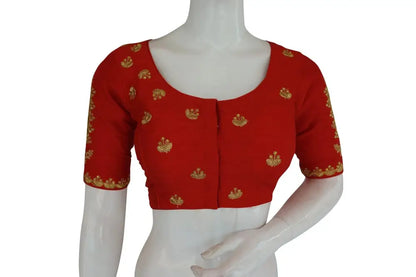 Red High Neck Embroidered Readymade Blouse: Mirror Detail, Indian Crop Top - D3blouses