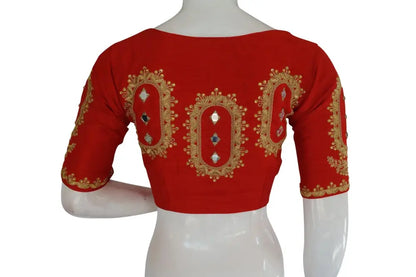 Red High Neck Embroidered Readymade Blouse: Mirror Detail, Indian Crop Top - D3blouses