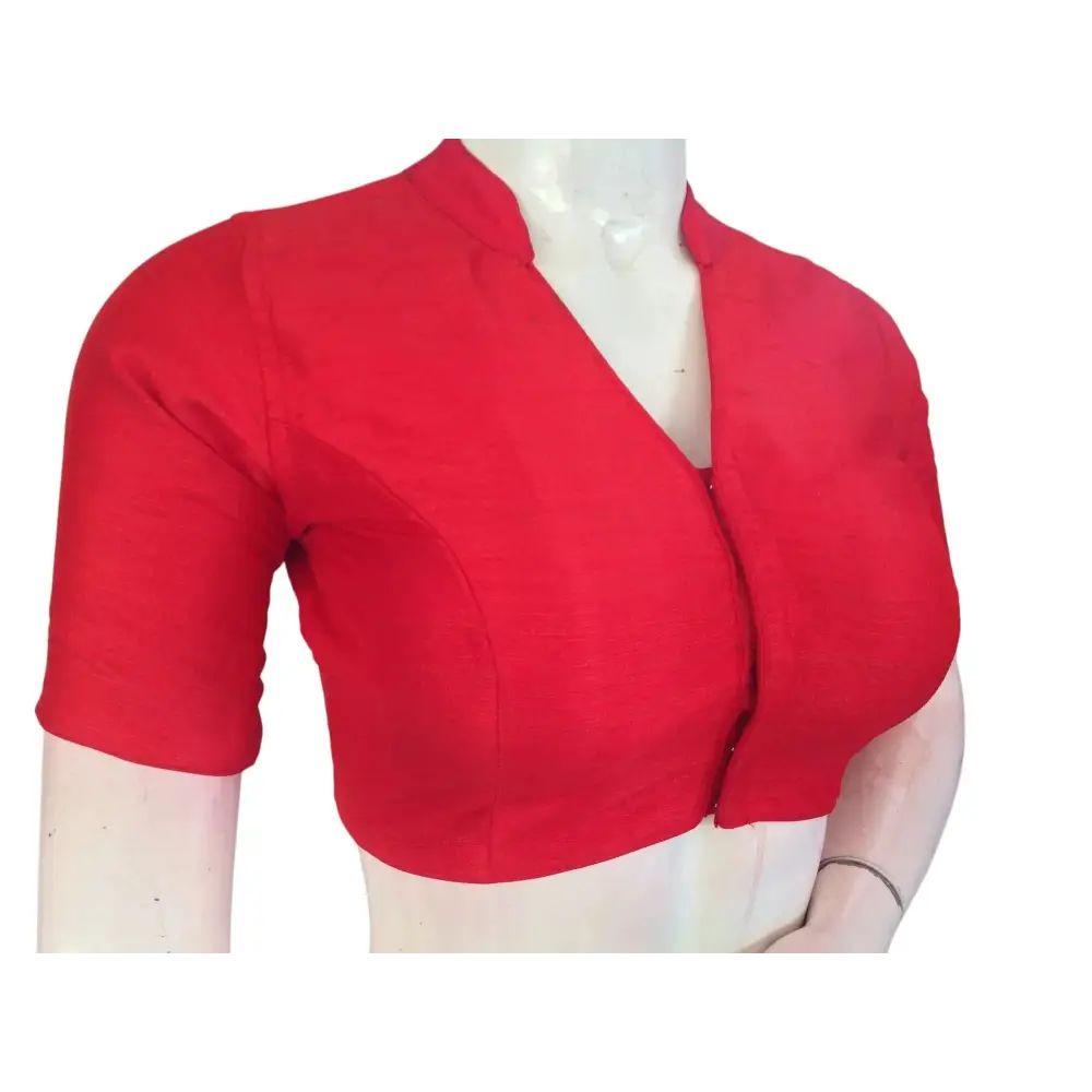 Red Semi Raw Silk Saree Blouse – Collar Neck, Stitched & Ready to Wear with Cotton Lining - D3blouses