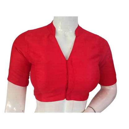Red Semi Raw Silk Saree Blouse – Collar Neck, Stitched & Ready to Wear with Cotton Lining - D3blouses