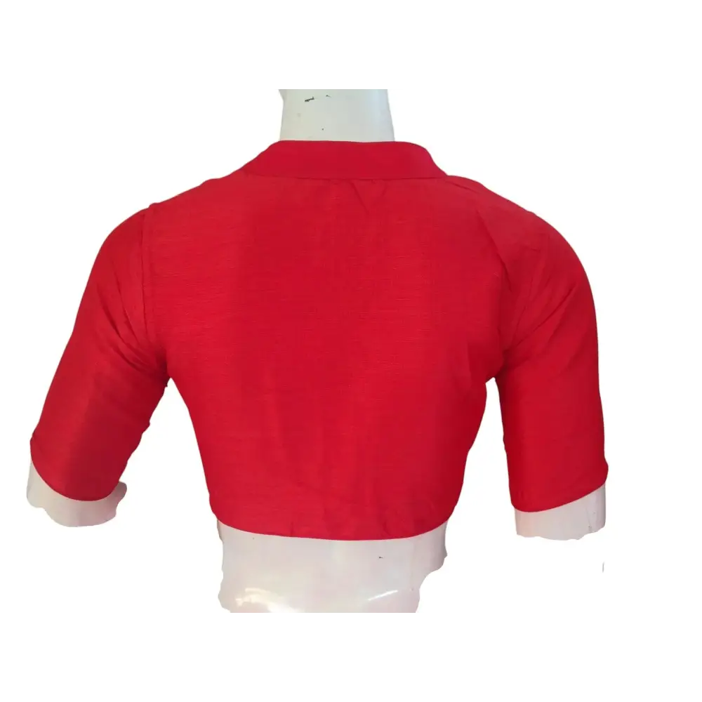 Red Semi Raw Silk Saree Blouse – Collar Neck, Stitched & Ready to Wear with Cotton Lining - D3blouses