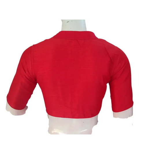 Red Semi Raw Silk Saree Blouse – Collar Neck, Stitched & Ready to Wear with Cotton Lining - D3blouses