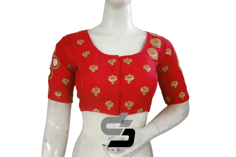 Red Semi Silk High Neck Embroidered Saree Blouses/Crop Tops - D3blouses