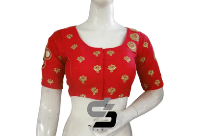 Red Semi Silk High Neck Embroidered Saree Blouses/Crop Tops - D3blouses