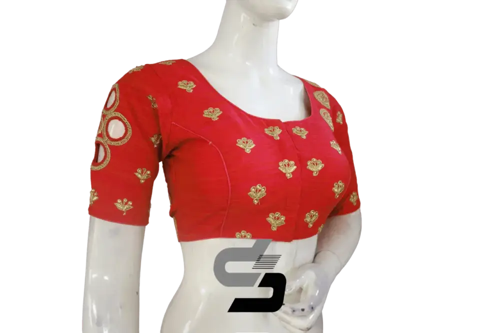 Red Semi Silk High Neck Embroidered Saree Blouses/Crop Tops - D3blouses