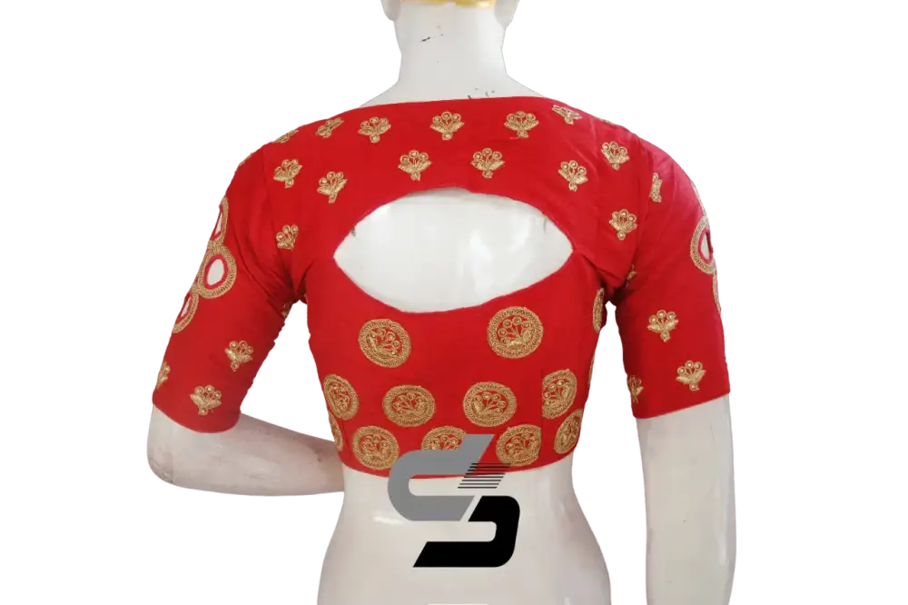 Red Semi Silk High Neck Embroidered Saree Blouses/Crop Tops - D3blouses