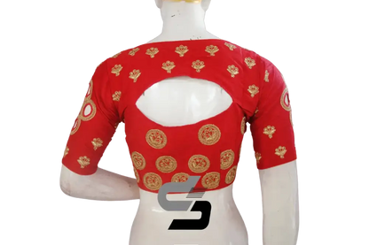 Red Semi Silk High Neck Embroidered Saree Blouses/Crop Tops - D3blouses