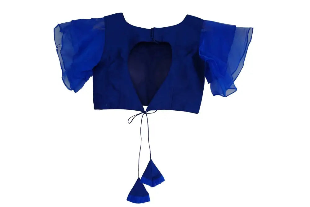 Regal Blue Charm, Designer Ruffle Sleeves Readymade Saree Blouse, Indian Silk - D3blouses