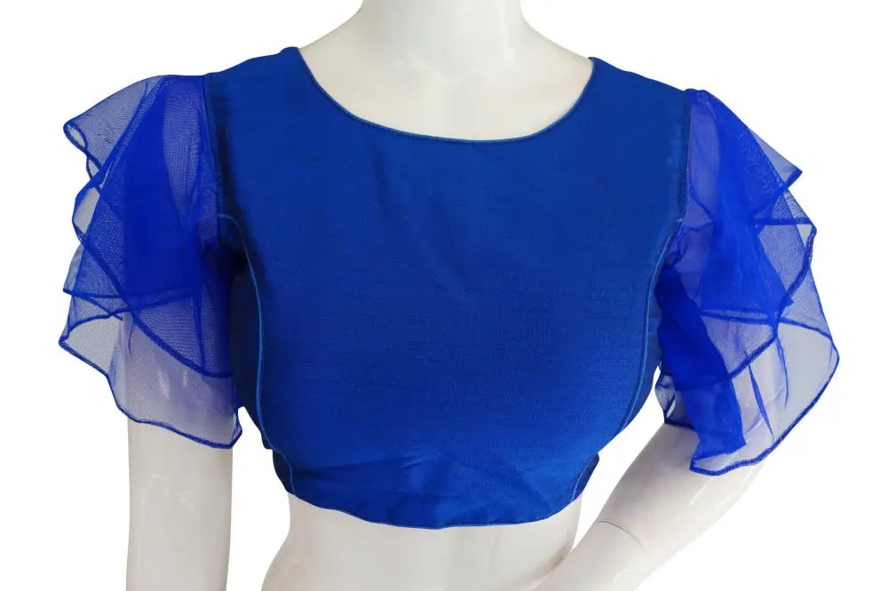 Regal Blue Charm, Designer Ruffle Sleeves Readymade Saree Blouse, Indian Silk - D3blouses