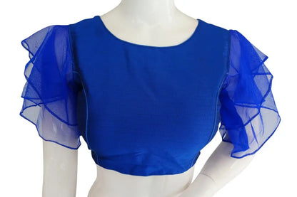Regal Blue Charm, Designer Ruffle Sleeves Readymade Saree Blouse, Indian Silk - D3blouses
