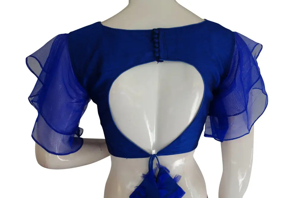 Regal Blue Charm, Designer Ruffle Sleeves Readymade Saree Blouse, Indian Silk - D3blouses