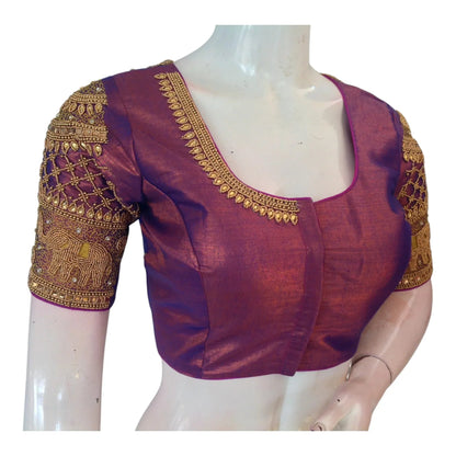 Regal Purple Aari Work Wedding Tissue Silk Saree Blouse with Elephant Design - D3blouses