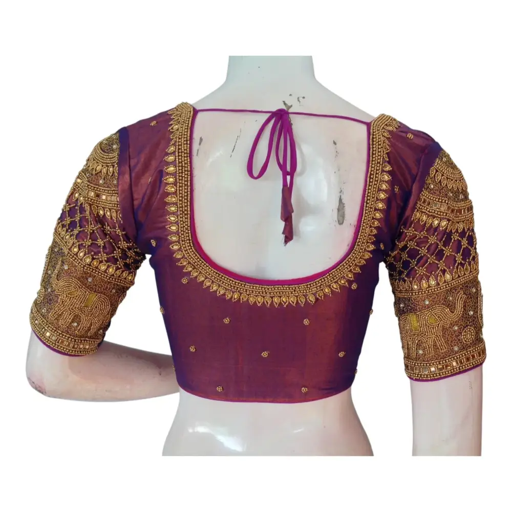 Regal Purple Aari Work Wedding Tissue Silk Saree Blouse with Elephant Design - D3blouses