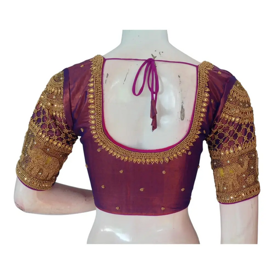 Regal Purple Aari Work Wedding Tissue Silk Saree Blouse with Elephant Design - D3blouses