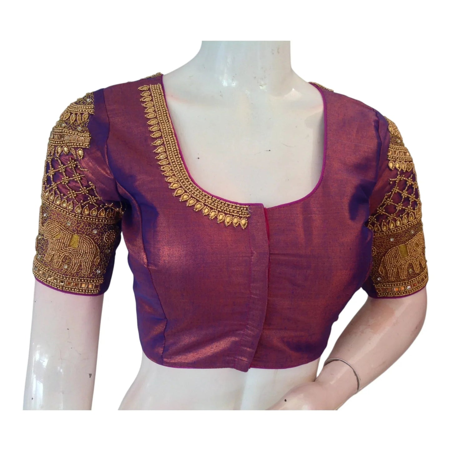Regal Purple Aari Work Wedding Tissue Silk Saree Blouse with Elephant Design - D3blouses