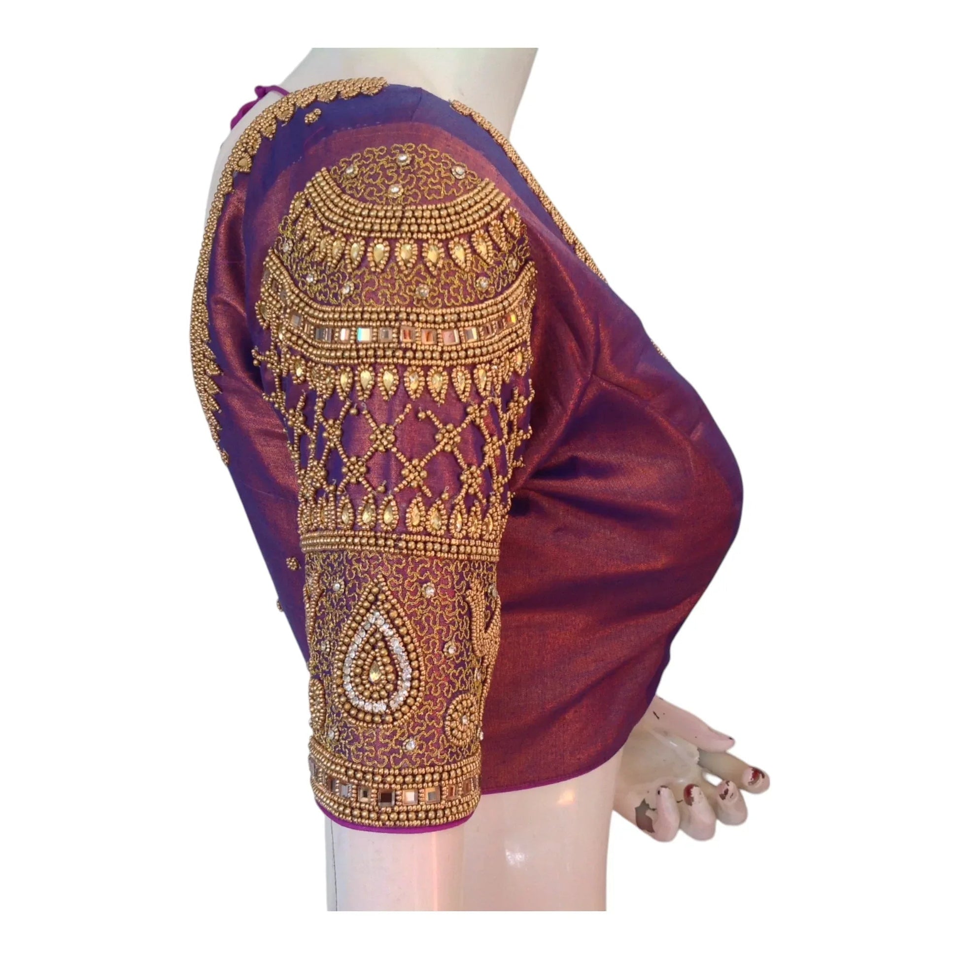 Regal Purple Aari Work Wedding Tissue Silk Saree Blouse with Elephant Design - D3blouses