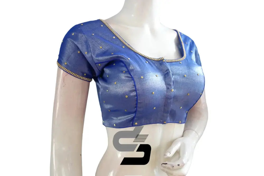 Regal Royal Blue, Plain Moti Tissue Readymade Blouses - D3blouses