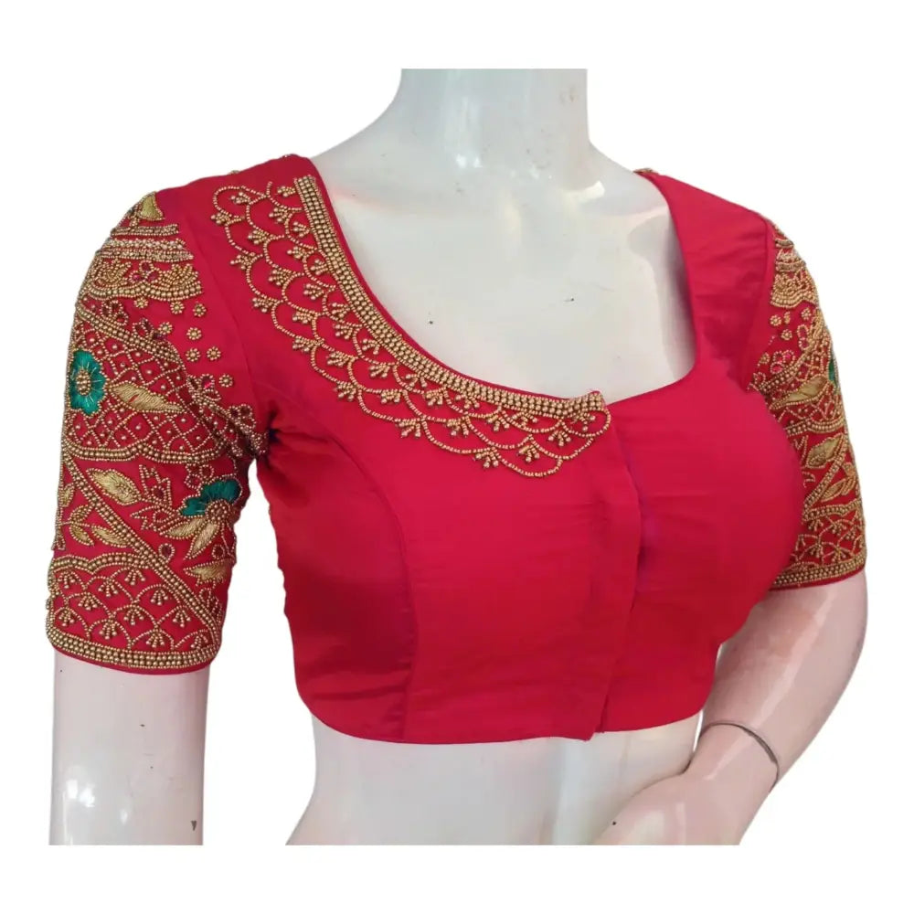 Rich Dark Peach Pink Aari Handwork Wedding Silk Saree Readymade Blouse - D3blouses