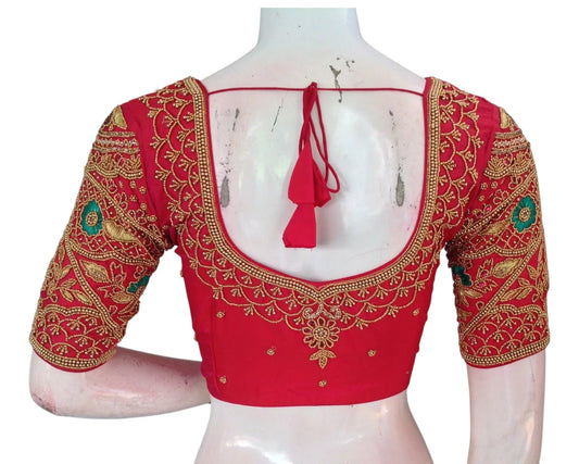 Rich Dark Peach Pink Aari Handwork Wedding Silk Saree Readymade Blouse - D3blouses