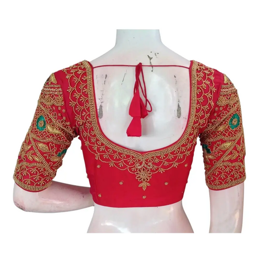 Rich Dark Peach Pink Aari Handwork Wedding Silk Saree Readymade Blouse - D3blouses